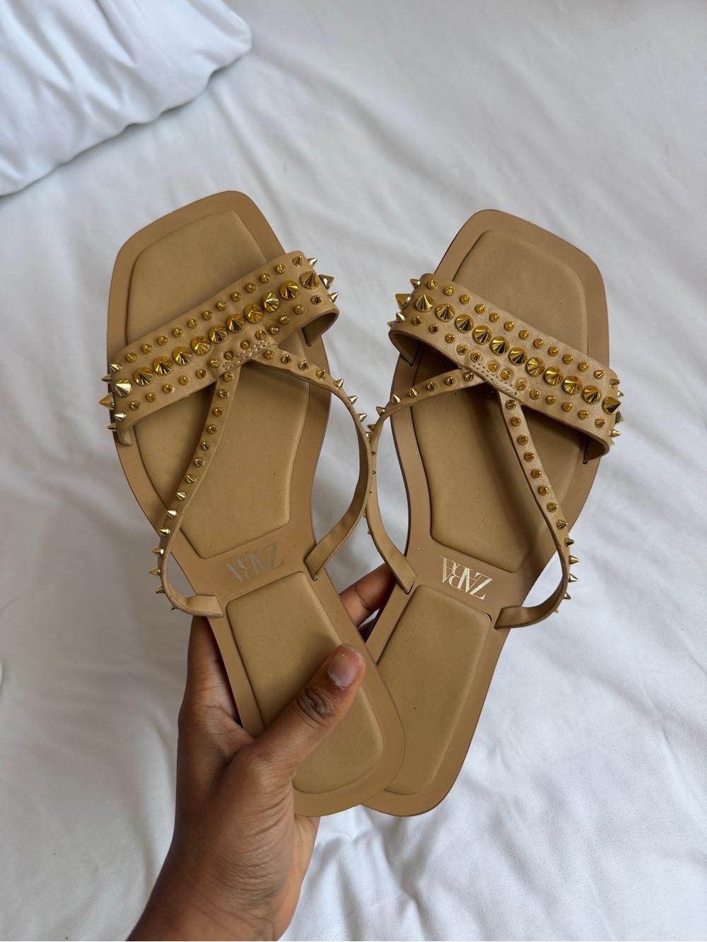 Zara Tan Studded Cross-Strap Sandals